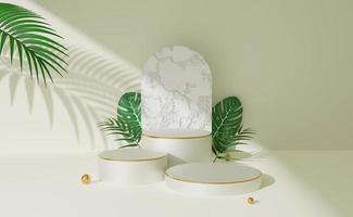 Empty white cylinder podium with concrete arch, green palm leaf, ball on copy space background. Abstract pastel minimal studio. Mockup space for cosmetic display design. 3d rendering. photo