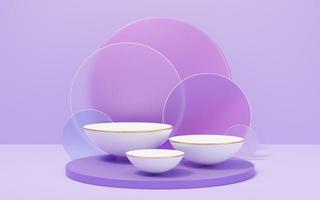 3 white half sphere podium with gold border on glass arch circle purple background. Empty pedestal mockup space for display product design. Abstract minimal studio geometric shape object. 3d render. photo