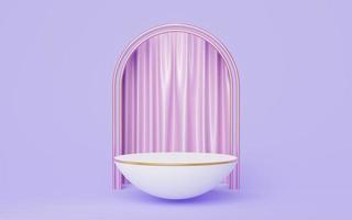 3d white half sphere podium with gold border on purple arch, pink curtain background. Empty pedestal mockup space for display product design. Abstract minimal studio geometric shape object. 3d render. photo