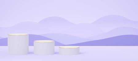 3d white cylinder podium with gold border on purple wave background. 3 Empty pedestal mockup space for display product design. Abstract minimal studio geometric shape. Paper cut style. 3d rendering. photo