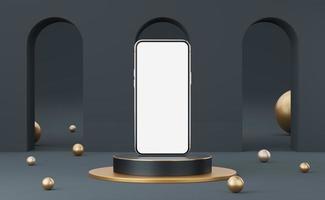 Silver mobile phone on black cylinder podium with gold border and ball on three arch gray background. Minimal studio. Pedestal mock up space for modern. smartphone with blank white screen. 3d render. photo