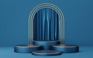 4 Empty blue cylinder podium with gold border on blue arch and curtain background. Abstract minimal studio 3d geometric shape object. Mockup space for display of product design. 3d rendering. photo