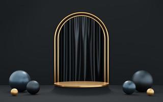 Empty gold cylinder podium with black ball on arch pipe and curtain  gray background. Abstract minimal studio 3d geometric object. Pedestal mockup space for display of product design. 3d rendering. photo