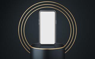 Silver mobile phone on gray cylinder podium with gold border and 3 copper circle on black background. Minimal studio. Pedestal mock up space for modern. smartphone with blank white screen. 3d render. photo