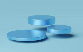 3 Empty blue cylinder podium floating on blue background. Abstract minimal studio 3d geometric shape object. Mockup space for display of product design. 3d rendering. photo
