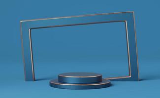 Empty blue cylinder podium with gold border frame on blue background. Abstract minimal studio 3d geometric shape object. Mockup space for display of product design. 3d rendering. photo