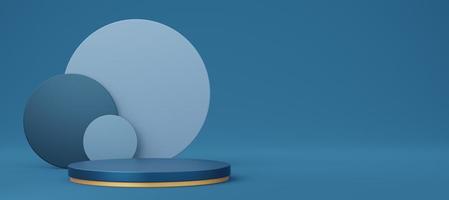 Empty blue cylinder podium with gold border and circle on copy space background. Abstract pastel minimal studio 3d geometric shape. Mockup space for display of product design. 3d rendering. photo