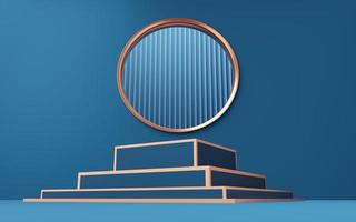 Empty blue cube podium with gold border on copper circle arch and curtain background. Abstract minimal studio 3d geometric shape object. Pedestal mockup space for display. 3d rendering. photo