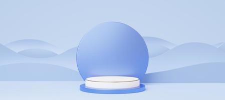 Empty white cylinder podium with gold border on blue wave background. Abstract pastel minimal studio 3d geometric shape. Mockup space for display of product design. Paper cut style. 3d rendering. photo
