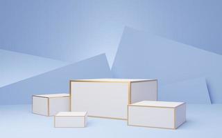 3 Empty white cube podium with gold border against blue pastel wall background. Abstract minimal studio 3d geometric shape object. Mockup space for display of product design. 3d rendering. photo