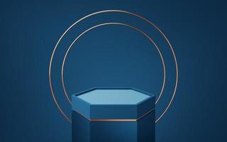 Empty blue hexagon podium with gold border and 2 copper circle floating on blue background. Abstract minimal studio 3d geometric shape object. Mockup space for display of product design. 3d rendering. photo