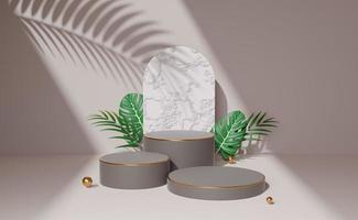 Empty gray cylinder podium with white concrete arch, green palm leaf, ball on old rose background. Abstract pastel minimal studio. Mockup space for cosmetic display design. 3d rendering. photo