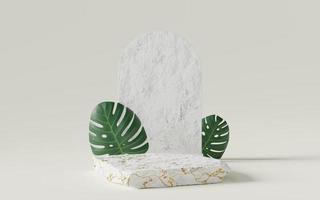 Empty White stone podium with concrete arch, monstera deliciosa leaf on copy space background. Abstract pastel minimal studio. Mockup space for cosmetic display design. 3d rendering. photo