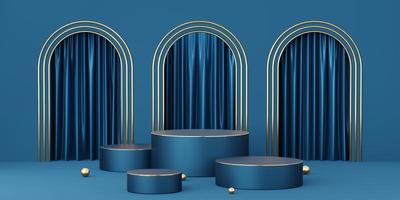 4 Empty blue cylinder podium with gold border, ball on blue arch and curtain background. Abstract minimal studio 3d geometric shape object. Mockup space for display of product design. 3d rendering. photo