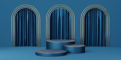 3 Empty blue cylinder podium with gold border on blue arch and curtain background. Abstract minimal studio 3d geometric shape object. Mockup space for display of product design. 3d rendering. photo