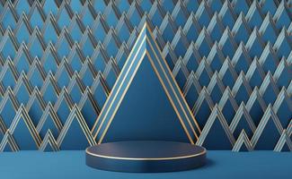 podio de cilindro azul vacío con borde dorado sobre fondo de patrón de triángulo dorado art deco. estudio mínimo abstracto objeto de forma geométrica 3d. espacio de maqueta para mostrar el diseño del producto. representación 3d