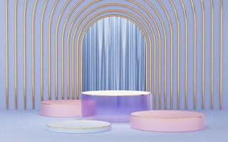 podio de cilindro morado, rosa y plateado con borde dorado sobre arco azul y fondo de cortina. estudio mínimo abstracto objeto de forma geométrica 3d. espacio de maqueta para mostrar el diseño del producto. representación 3d foto