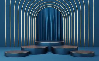 5 Empty blue cylinder podium with gold border on blue arch and curtain background. Abstract minimal studio 3d geometric shape object. Mockup space for display of product design. 3d rendering. photo