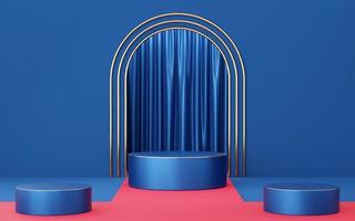 3 Empty blue cylinder podium with gold border on red catwalk, arch and curtain background. Abstract minimal studio 3d geometric shape object. Mockup space for display of product design. 3d rendering. photo