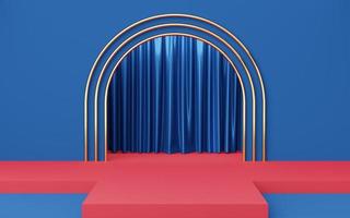 3 Empty red catwalk or podium on gold arch and blue curtain background. Abstract minimal studio 3d geometric shape object. Mockup space for display of product design. 3d rendering. photo