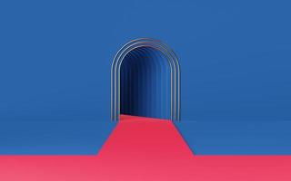 Empty red catwalk or podium on blue arch and gold tube. Abstract minimal studio 3d geometric shape object. Mockup space for display of product design. 3d rendering. photo