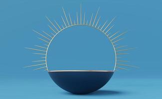 Empty blue half sphere podium with gold border and spiked halo circle on blue background. Abstract minimal studio 3d geometric shape object. Pedestal mockup space for luxury display. 3d rendering. photo