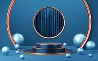 Empty blue and black cylinder podium with copper border, ball on gold circle arch, curtain background. Abstract minimal studio geometric shape. Pedestal mockup space for product design. 3d rendering. photo