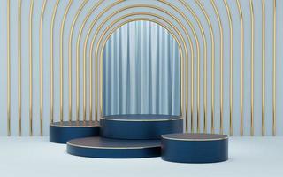 4 Empty blue cylinder podium with gold border on blue arch and curtain background. Abstract minimal studio 3d geometric shape object. Mockup space for display of product design. 3d rendering. photo