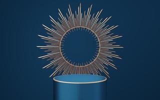 Empty blue cylinder podium with gold border and spiked halo circle on blue background. Abstract minimal studio 3d geometric shape object. Pedestal mockup space for luxury display. 3d rendering. photo