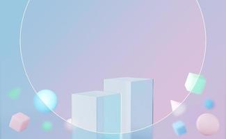 Empty glass cube podium on translucent circle arch with cone, green blue pink background. Abstract geometric. Pedestal pastel minimal showcase mockup. stage for display of product design. 3d render. photo