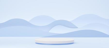 Empty white cylinder podium on blue wave background. Abstract pastel minimal studio 3d geometric shape. Mockup space for display of product design. Paper cut style. 3d rendering. photo