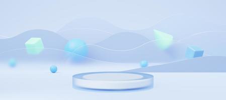 Empty white glass cylinder podium on translucent glass, blue wave background. Abstract pastel minimal studio 3d geometric shape. Mockup space for display of product design. Paper cut style. 3d render. photo