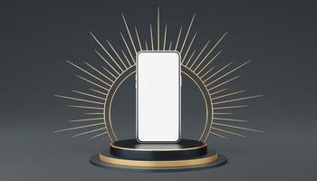 Silver mobile phone on gray cylinder podium with gold border and spiked halo circle on black background. Pedestal mockup space for luxury and modern. smartphone with blank white screen. 3d rendering. photo