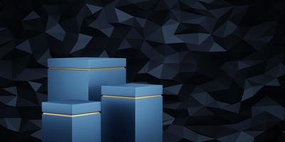 3 Empty blue cube podium with gold border floating on dark blue triangle texture background. Abstract minimal studio 3d geometric shape. Pedestal mockup space for display of product design. 3d render. photo