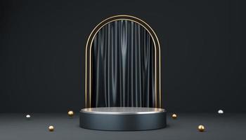 Empty black, silver cylinder podium with ball on black arch and curtain background. Abstract minimal studio geometric shape object. Pedestal mockup space for display of product design. 3d rendering. photo