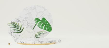 Empty white marble cylinder podium with palm leaves, monstera, ball on copy space background. Abstract pastel minimal studio geometric shape. Mockup space for display of product design. 3d rendering. photo