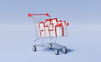 Shopping cart with red bow white gift box isolated on blue background. Marketing online and e-commerce concept. Shop trolley mockup realistic. Abstract minimal studio 3d rendering. photo