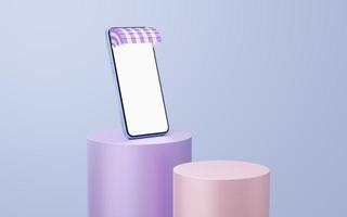 Purple mobile phone with awning on cylinder podium floating on white background. Minimal studio 3d. Monotone pedestal mockup space for display of app. smartphone with blank white screen. 3d rendering photo
