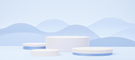 4 Empty white cylinder podium on blue wave background. Abstract pastel minimal studio 3d geometric shape. Mockup space for display of product design. Paper cut style. 3d rendering. photo