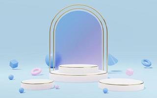 Empty white marble cylinder podium with gold border, ball, cone, cube on glass arch background. Abstract minimal studio 3d geometric shape object. Mockup space for display of product design. 3d render photo