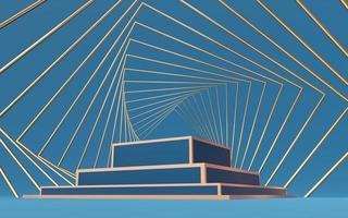 Empty blue cube podium step with gold border and gold square on blue background. Abstract minimal studio 3d geometric shape object. Mockup space for display of product design. 3d rendering. photo