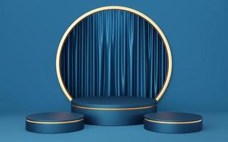 3 Empty blue and black cylinder podium with copper border on gold circle arch and curtain background. Abstract minimal studio geometric shape object. Pedestal mockup space for display. 3d rendering. photo