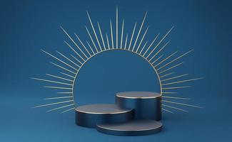 3 Empty blue cylinder podium with gold border and spiked halo circle on blue background. Abstract minimal studio 3d geometric shape object. Pedestal mockup space for luxury display. 3d rendering. photo