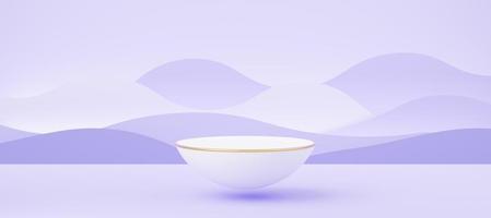 Empty white half sphere podium with gold border floating on purple wave background. Abstract pastel minimal studio geometric. Mockup space for display of product design. Paper cut style. 3d rendering. photo