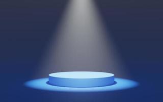 Empty blue cylinder podium with fog on bright background. Pedestal illuminated by spotlights. Abstract minimal studio 3d geometric object. Mockup space for display of product design. 3d rendering. photo