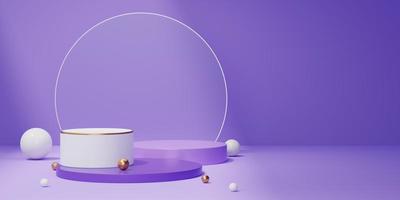 3d Purple marble cylinder podium, gold border, ball on white glass arch circle background. 3 Empty pedestal mockup space for display product. Abstract minimal studio geometric shape object. 3d render. photo