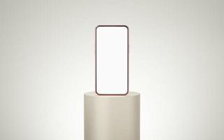 Old rose mobile phone on cream cylinder podium floating on bone white copy space background. Monotone pedestal mockup space for display of app. smartphone with blank white screen. 3d rendering. photo