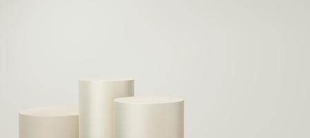 3 podio de cilindro amarillo o crema vacío flotando sobre fondo de espacio de copia en blanco hueso. estudio mínimo abstracto objeto de forma geométrica 3d. espacio de maqueta de pedestal para mostrar el diseño del producto. procesamiento 3d foto