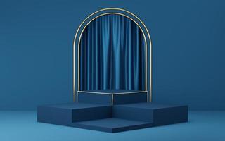 3 Empty blue cube podium with gold border on blue arch and curtain background. Abstract minimal studio 3d geometric shape object. Mockup space for display of product design. 3d rendering. photo