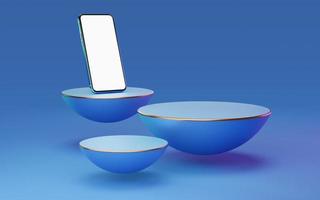 Blue mobile phone on half sphere podium floating with red and green rim light on bright background. Minimal studio 3d. Pedestal mockup space for modern. smartphone with blank white screen. 3d render. photo